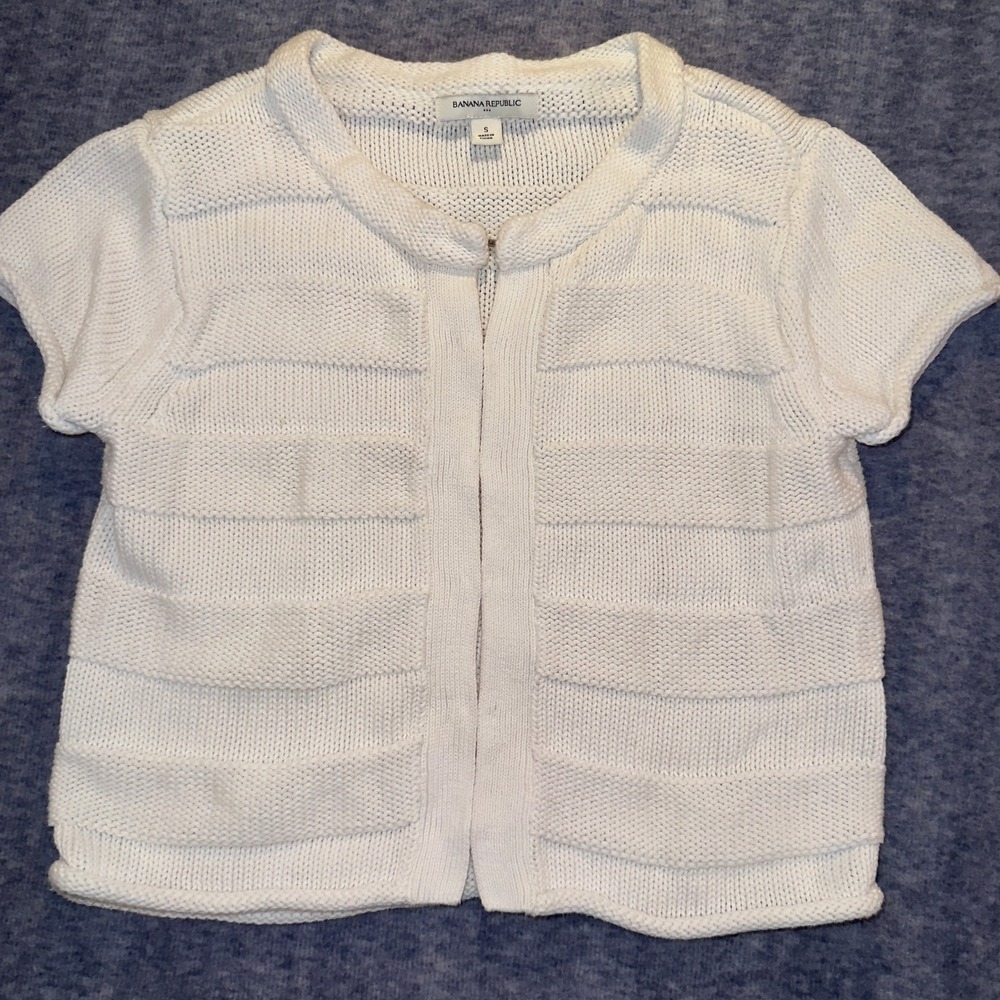 Banana Republic White Cotton Textured Short Sleeve Cardigan Sweater Small